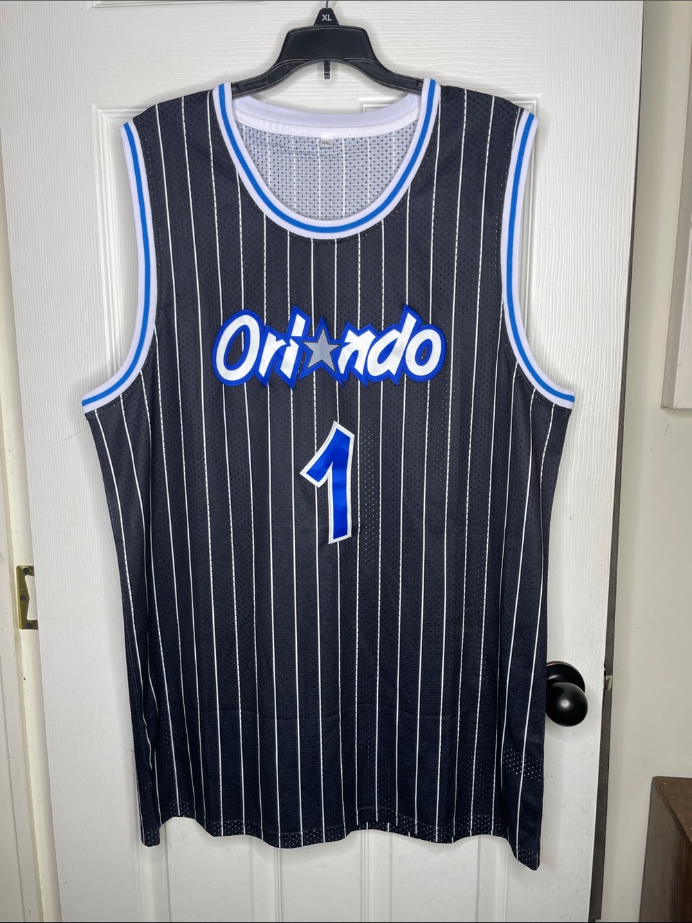 Orlando "Hardaway" Black Pinstripe Basketball Jersey w/Blue Trim. Size XXL
